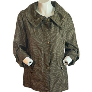 Guess Sz M Anorak Utility Jacket Roll Tab Sleeves Cowl Collar Animal Print Olive